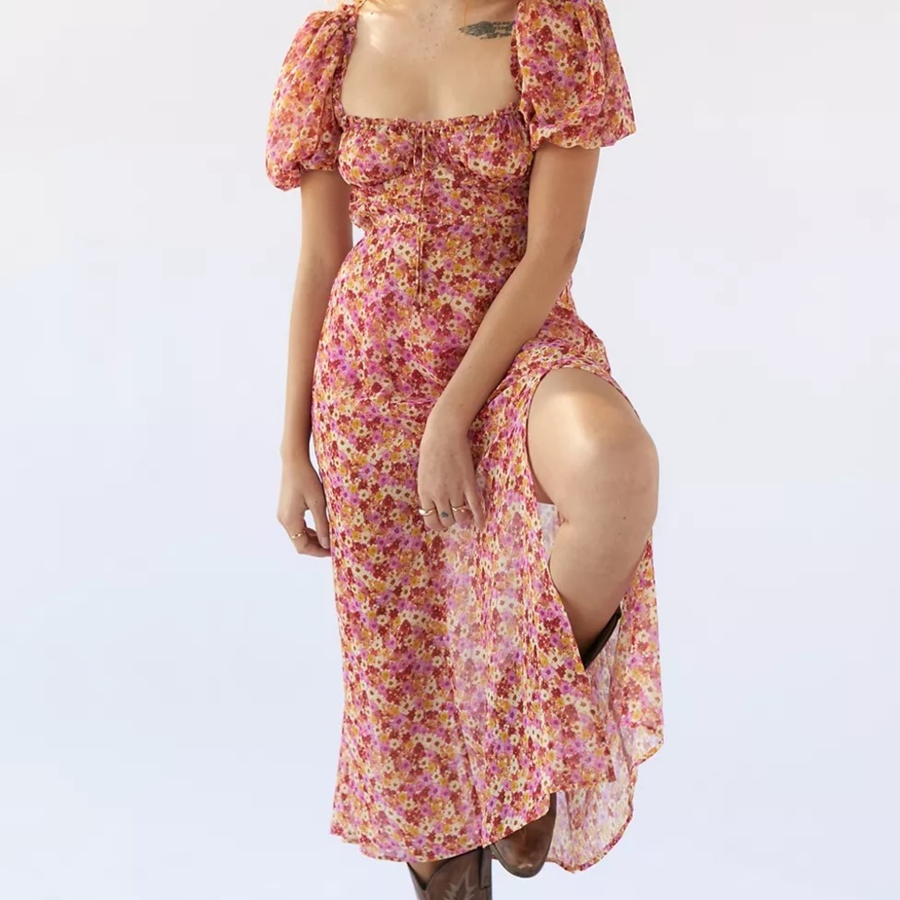 For Love & Lemons Felicia Silk Floral Midi Dress